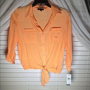 A. Byer Orange Button Down Shirt with Tie Front and Notched Collar